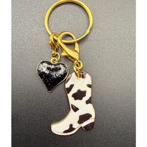 Cow Print Cowboy Boot Heart Charm Keychain Western Country Style Accessories
